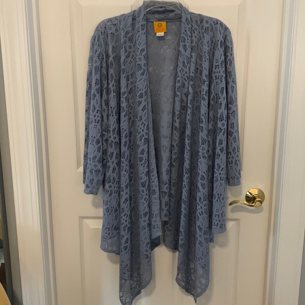 Ruby Rd. Woman Blue Lace sheer cardigan with waterfall front size 3X